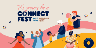 Seniors Week Connect Fest Graphic featuring illustrated images of seniors dancing including one dancing with a child