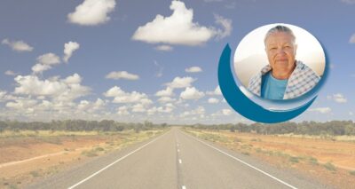 Outback Queensland highway with image of older woman in top right hand corner